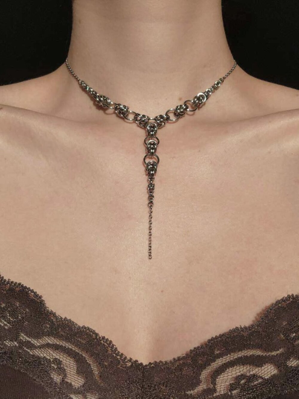Gothic silver rosary chainmail necklace with a small silver chain